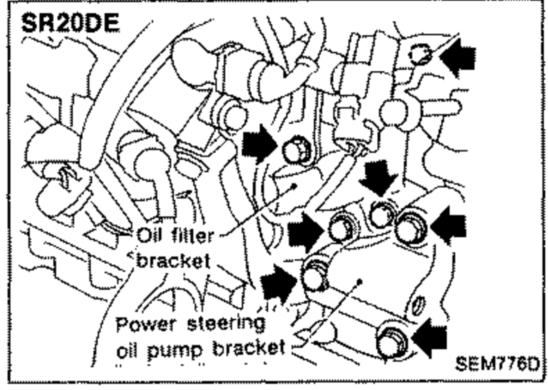 SR20DE engine front showing oil filter bracket and power steering oil pump bracket installation. Black arrows point to mounting bolt locations. Labels 'Oil filter bracket' and 'Power steering oil pump bracket'.