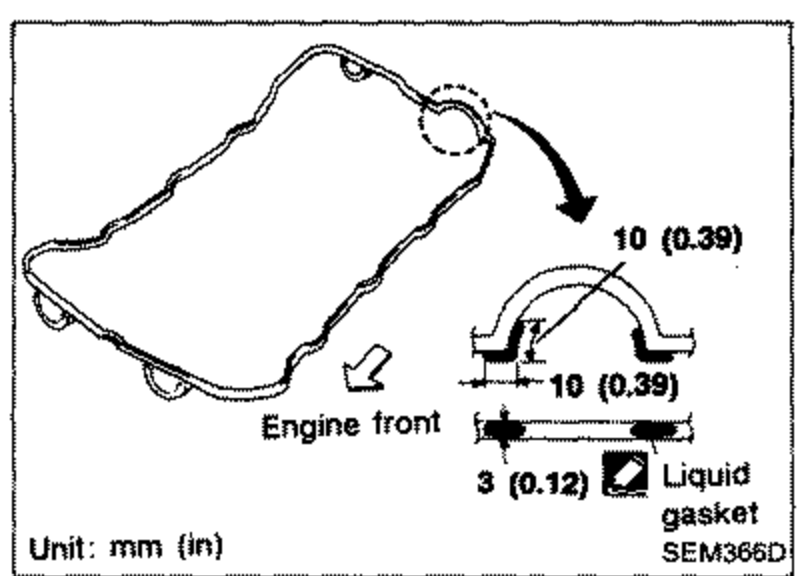 Rocker cover gasket mating surface with a continuous bead of liquid gasket applied. A curved arrow indicates the bead path. Bead width callouts '10 (0.39)' at two points and '3 (0.12)' with label 'Liquid gasket'. Label 'Engine front'. Unit note: mm (in).