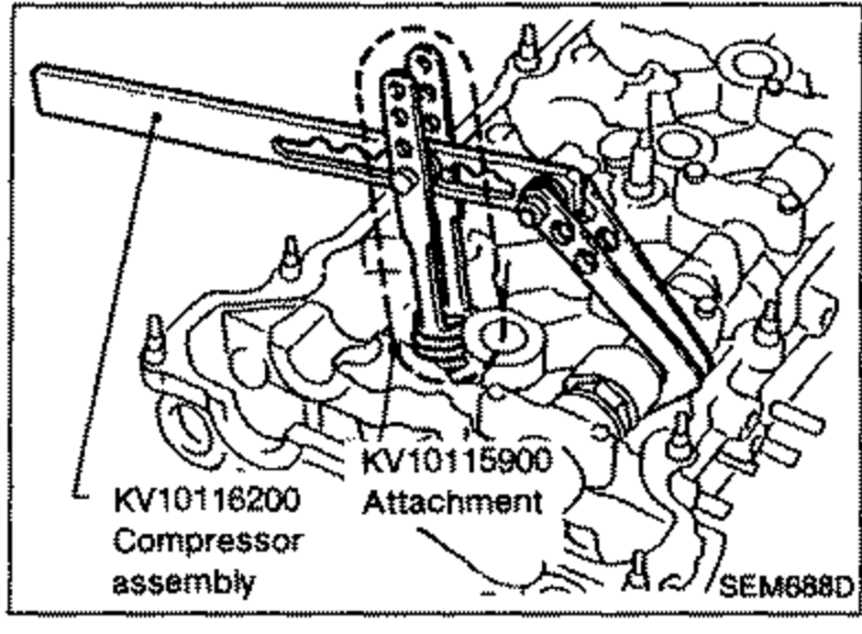 Valve spring compressor tool in use on the cylinder head to remove a valve spring. Labels 'KV10115900 Attachment' and 'KV10116200 Compressor assembly' identify the tools.