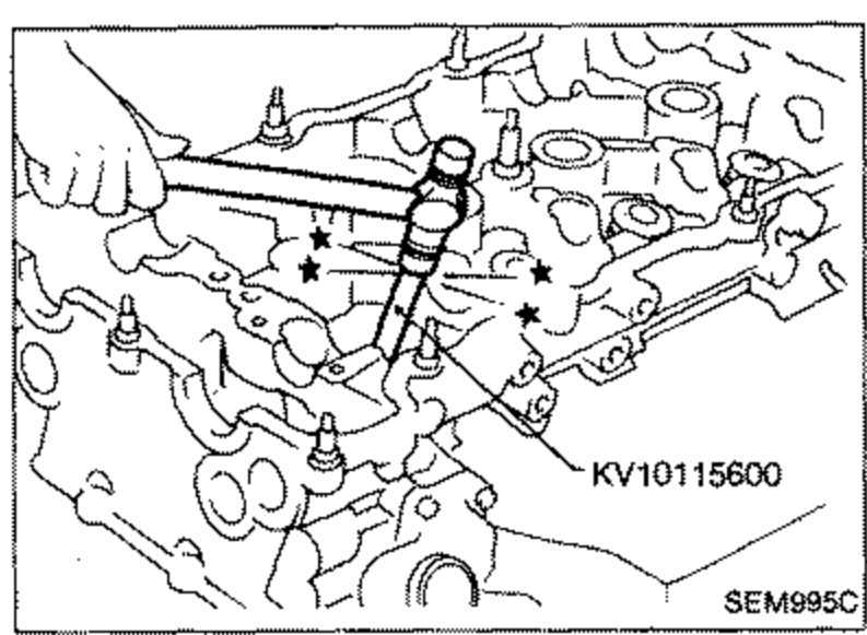 Cylinder head valve area with Tool KV10115600 installing a new valve oil seal. Star symbols mark seal positions. Label 'KV10115600'.