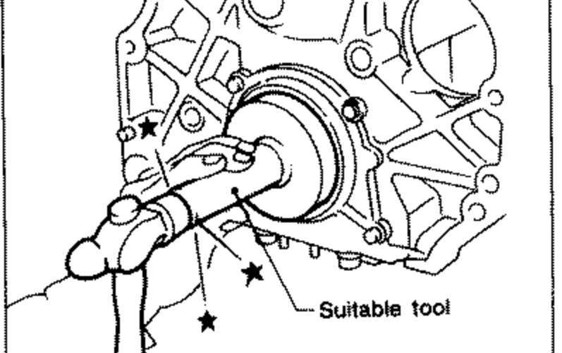 Rear oil seal retainer with a suitable tool installing a new rear oil seal over the crankshaft. Star symbols mark contact points. Label 'Suitable tool'.