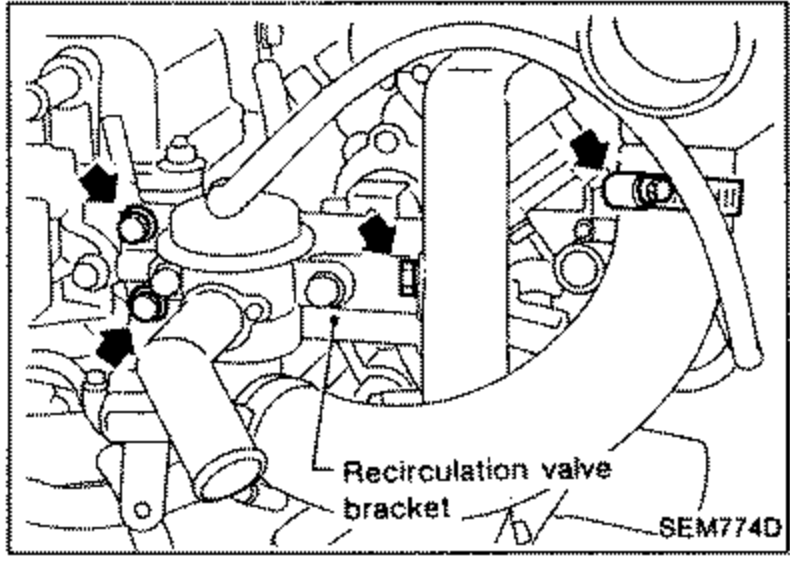 Engine bay view showing the recirculation valve bracket (SR20DET). Black arrows point to the mounting bolts. Label 'Recirculation valve bracket'.