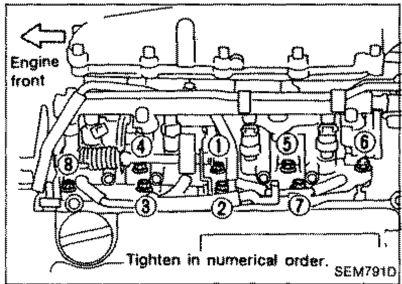 Top view of throttle chamber assembly showing bolt tightening sequence numbered 1 through 8. An arrow labeled 'Engine front' points to the left. Note: 'Tighten in numerical order.'