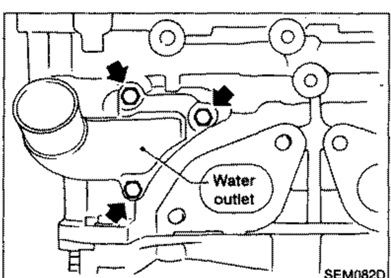Water outlet removal view. Arrows point to bolt locations around the water outlet, which is labeled.