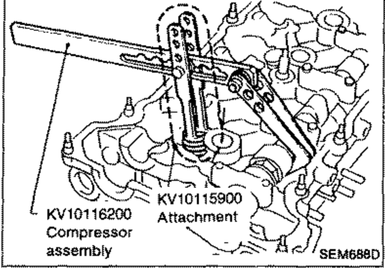 Valve component removal using special tool. Callouts label KV10116200 Compressor assembly and KV10115900 Attachment installed on the cylinder head.