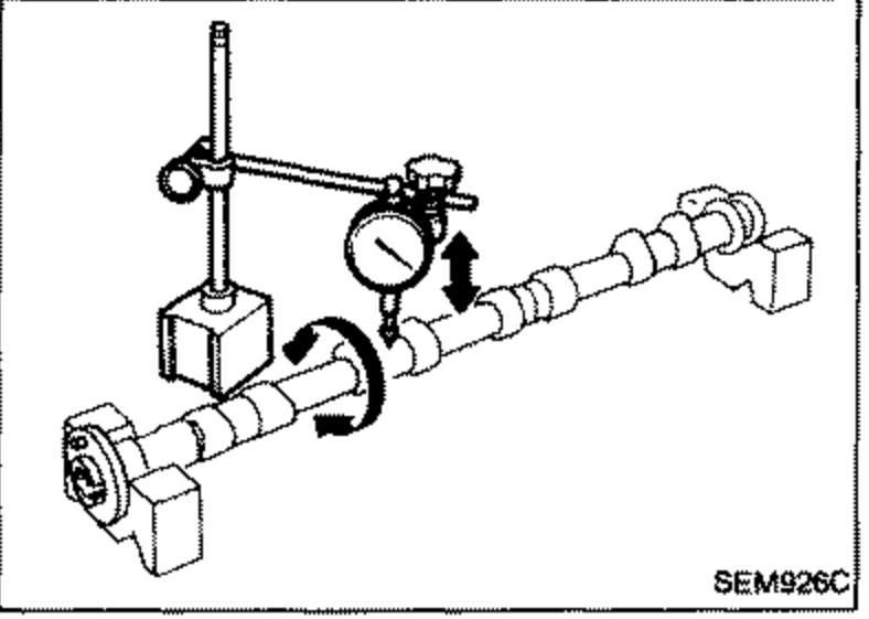Camshaft runout measurement. The camshaft is supported on V-blocks at both ends with a dial indicator positioned at the center journal.
