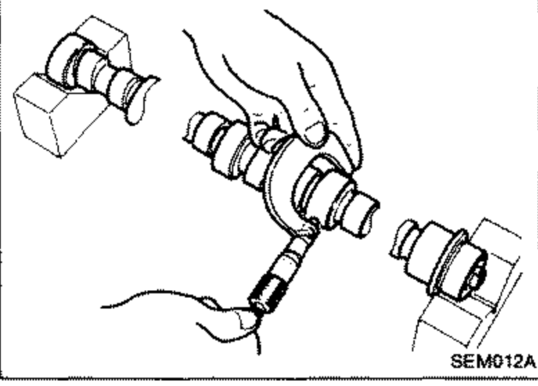 Illustration showing a micrometer measuring the outer diameter of a camshaft journal.