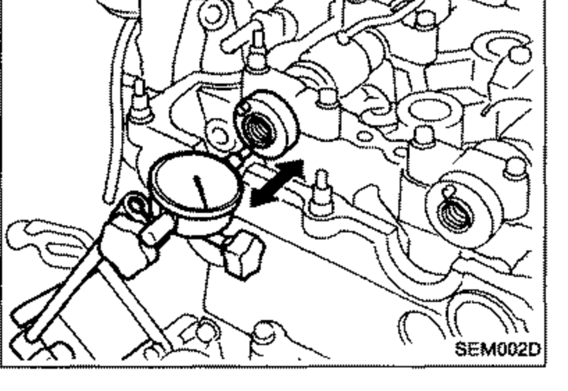 Illustration showing measurement of camshaft end play with the camshaft installed in the cylinder head, arrows indicating axial movement.