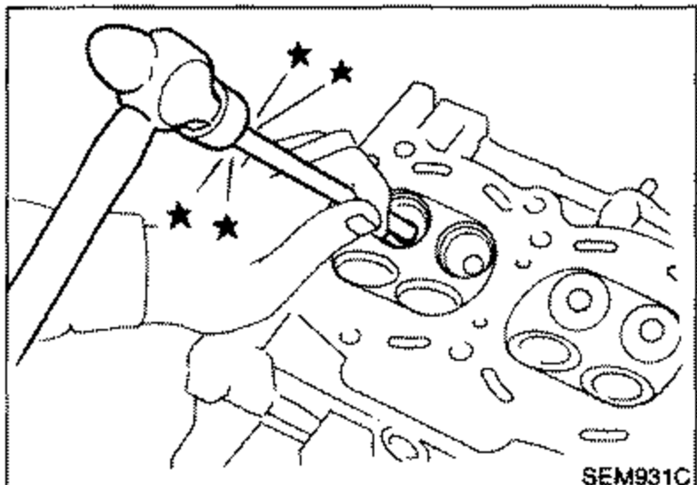 Illustration showing a tool (with star markings) pressing or hammering out a valve guide from the cylinder head.