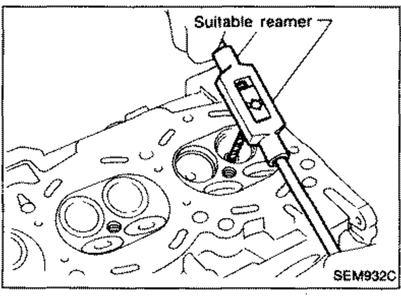Illustration showing a suitable reamer reaming the valve guide inner diameter, labelled 'Suitable reamer'.