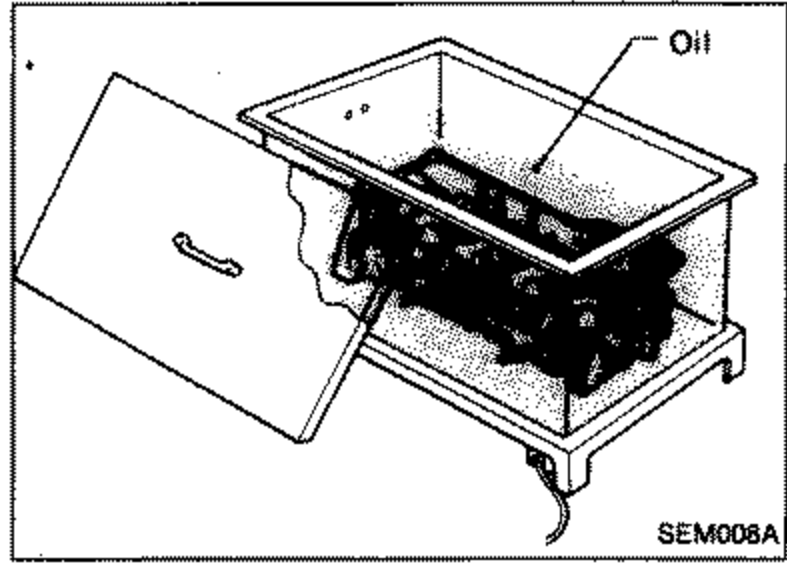 Illustration showing a cylinder head being heated in a container of oil, label 'Oil'.