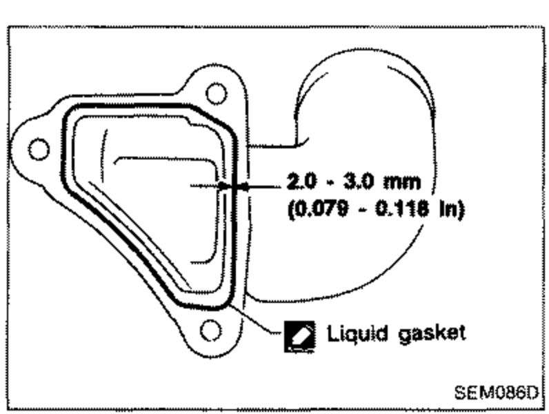 Illustration of a water outlet with liquid gasket bead application, labelled 'Liquid gasket', with dimension '2.0 - 3.0 mm (0.079 - 0.118 in)' for the bead width.