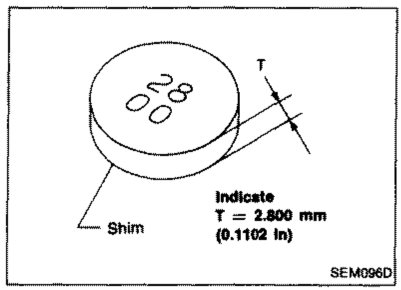 Illustration of a shim showing the thickness identification marking (e.g. '28') stamped on it and dimension T. Labels: 'Indicate T = 2.800 mm (0.1102 in)', 'Shim'.