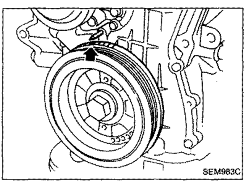 Front view of the engine showing the crankshaft pulley with arrows indicating the mating mark used to set No. 1 piston at T.D.C. on the compression stroke.