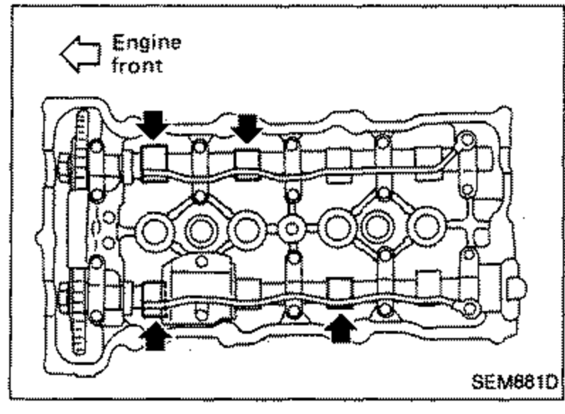 Top view of the cylinder head with the camshafts installed, an arrow pointing 'Engine front', and bold arrows indicating which camshaft lobes/clearances are to be checked.