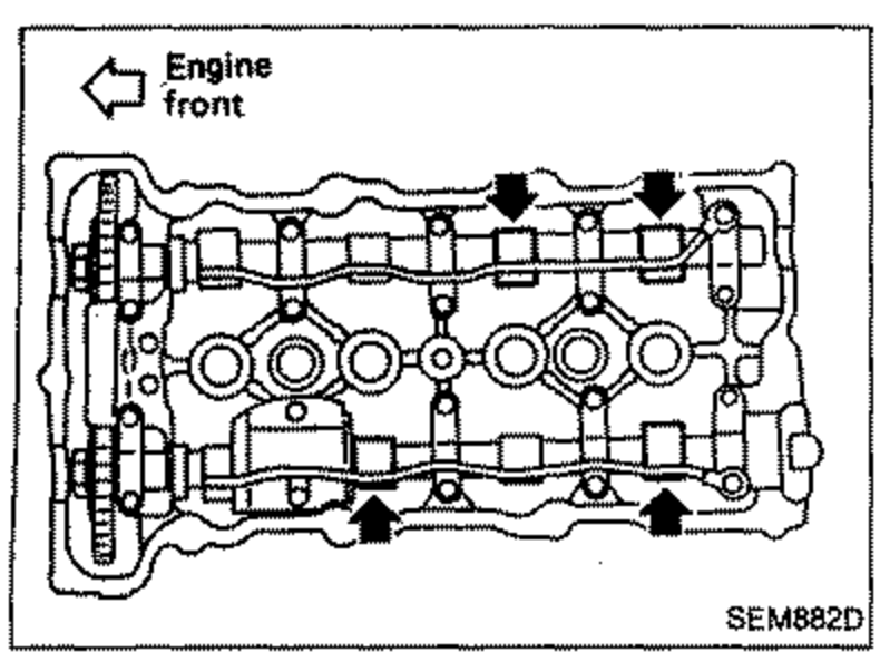 Top view of the cylinder head with camshafts installed, an arrow pointing 'Engine front', and bold arrows indicating which camshaft clearances to check after rotating the crankshaft one revolution.