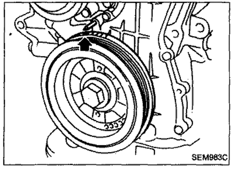 Front view of the engine showing the crankshaft pulley with an arrow indicating the mating mark used to set No. 1 piston at T.D.C. on the compression stroke.