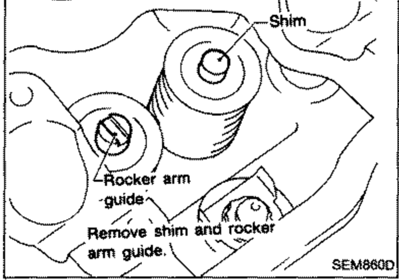 Detail view of the shim and rocker arm guide being removed. Labeled 'Shim', 'Rocker arm guide', 'Remove shim and rocker arm guide.'