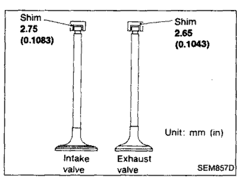Two valves with their shims shown. Intake valve shim labeled '2.75 (0.1083)' and exhaust valve shim labeled '2.65 (0.1043)'. Labeled 'Shim', 'Intake valve', 'Exhaust valve', 'Unit: mm (in)'.