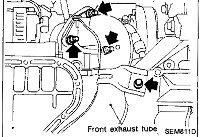 Engine bay view showing the front exhaust tube to be removed, with bold arrows pointing to the fasteners/connections to be loosened. Labeled 'Front exhaust tube'.