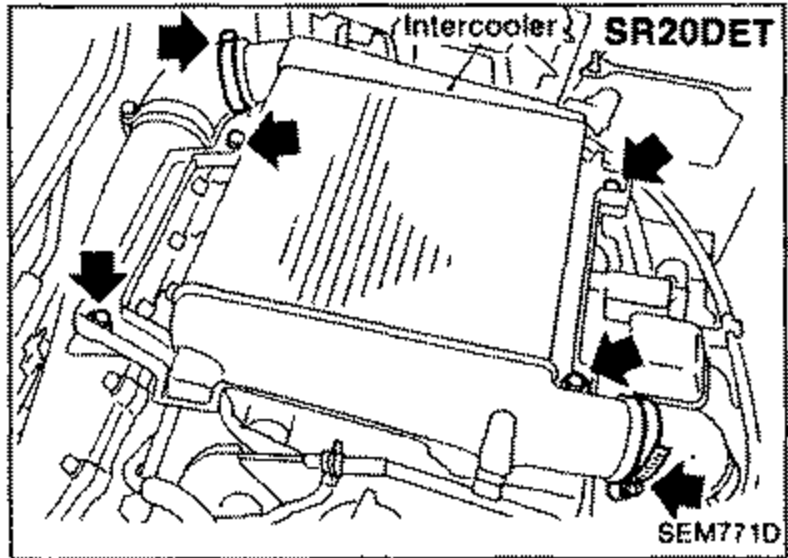 Engine bay view of the SR20DET intercooler and intercooler cover with bold arrows indicating fasteners to remove. Labeled 'Intercooler', 'SR20DET'.