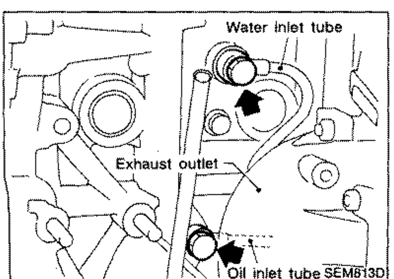 Engine view showing the exhaust outlet cover, water inlet tube and oil inlet tube to be removed, with bold arrows pointing to fasteners. Labeled 'Water inlet tube', 'Exhaust outlet', 'Oil inlet tube'.