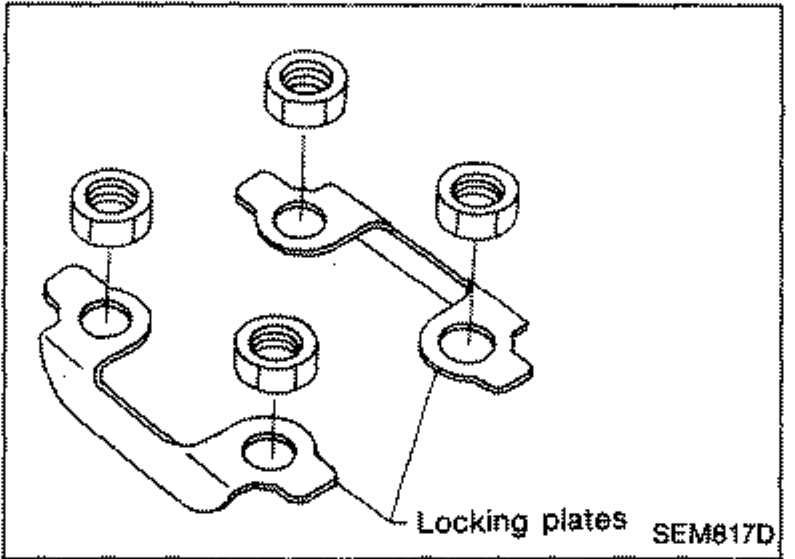 Locking plates for the turbocharger unit fastening nuts being unbent. Labeled 'Locking plates'.