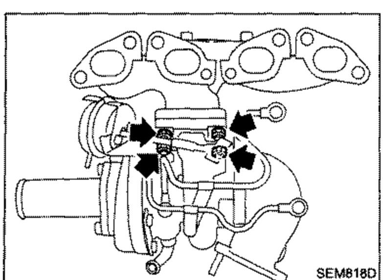 Exhaust manifold with turbocharger unit, bold arrows indicating the fasteners to remove the exhaust manifold from the turbocharger.