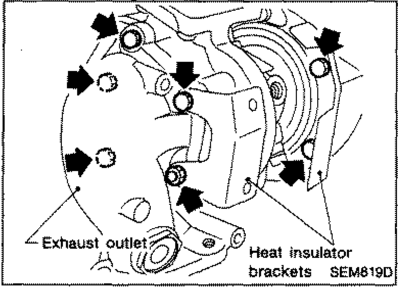 Turbocharger with the exhaust outlet and heat insulator brackets, bold arrows pointing to bolts to remove. Labeled 'Exhaust outlet', 'Heat insulator brackets'.