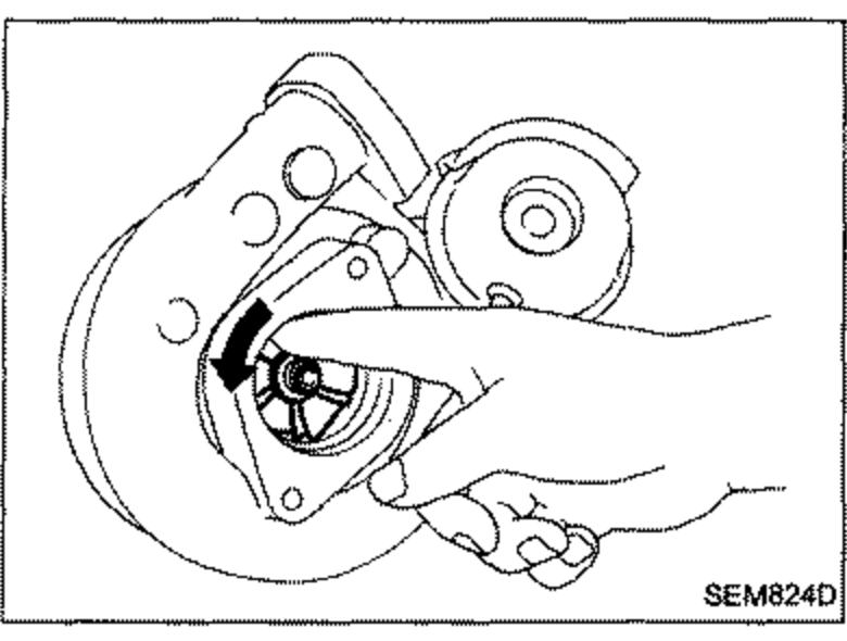 Hand checking the rotor shaft for smooth rotation, with an arrow indicating the rotation direction.