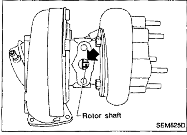 Turbocharger showing the rotor shaft to be checked for carbon deposits, with an arrow pointing to the rotor shaft. Labeled 'Rotor shaft'.