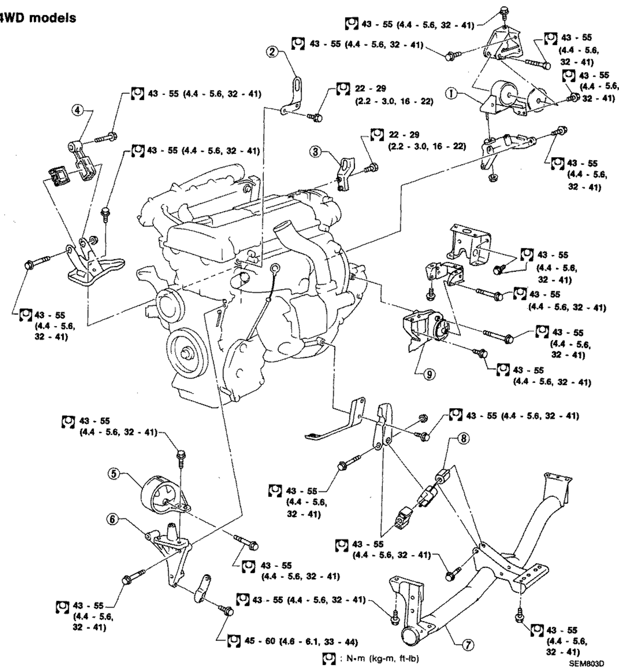 Engine Removal - 4WD models (engine mounting exploded view)