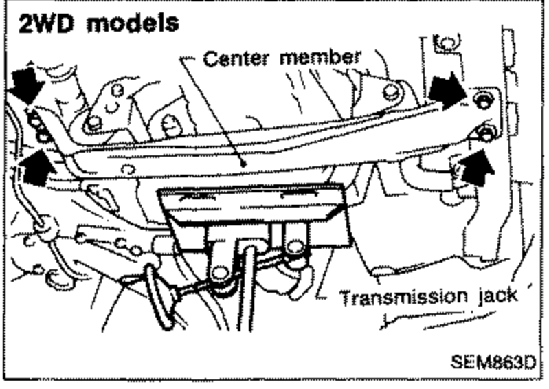 Underside view for 2WD models showing the center member supported by a transmission jack. Labels point to 'Center member' and 'Transmission jack'.