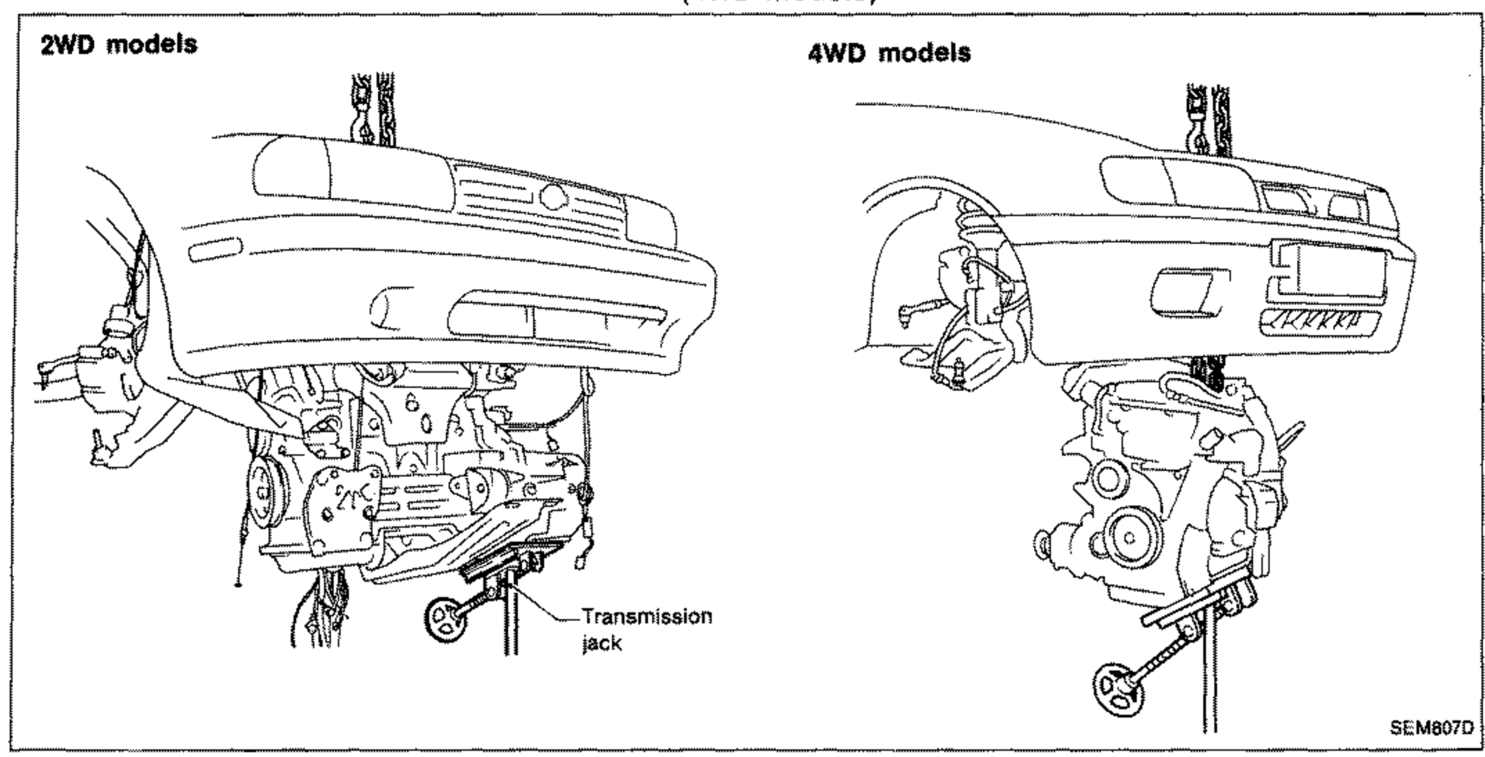 Side-view line drawings of the vehicle with engine being lowered/removed. Left panel labelled '2WD models' shows engine with transaxle supported on a transmission jack; right panel labelled '4WD models' shows engine with transaxle and transfer being removed. Label points to 'Transmission jack'.