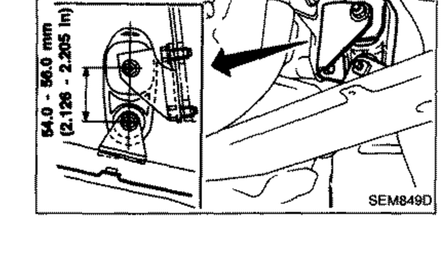 2WD models view of the engine mounting showing the adjustment dimension with an arrow. Dimension reads 64.0 - 66.0 mm (2.520 - 2.598 in).