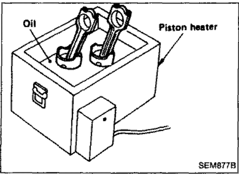 Piston heater tool used to heat pistons during piston/connecting rod disassembly. Labels point to 'Oil' and 'Piston heater'.