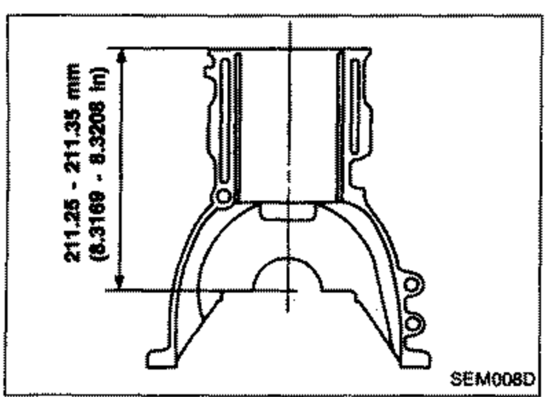 Cross-section diagram of the cylinder block showing the nominal cylinder block height dimension from crankshaft center: 211.25 - 211.35 mm (8.3169 - 8.3208 in).