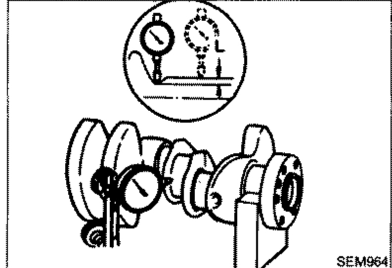 Illustration showing the fillet roll 'L' dimension on a crankshaft journal when grinding, with a dial gauge measuring setup.