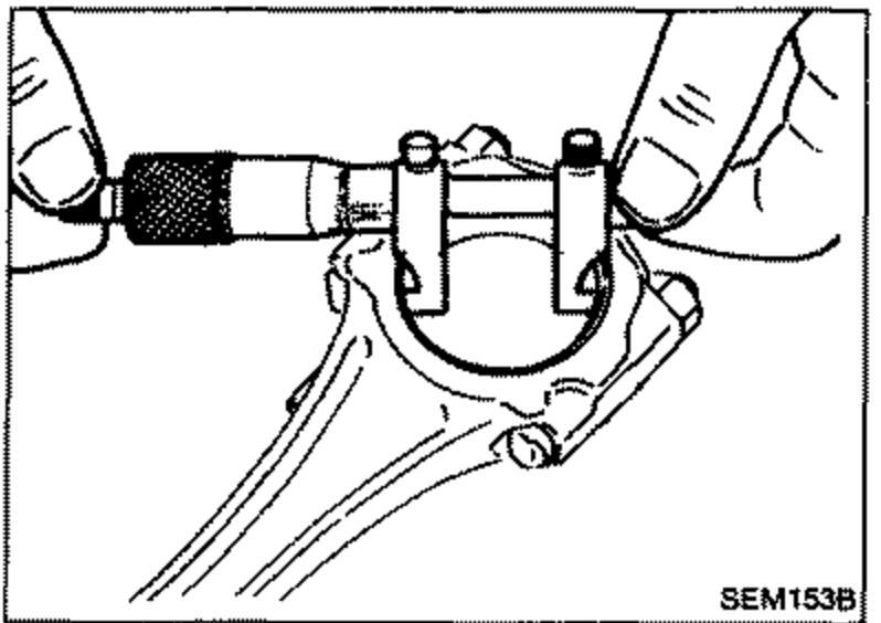 Illustration of measuring the inner diameter 'C' of a connecting rod big-end bearing with a bore gauge, with the connecting rod cap installed and bolts tightened.