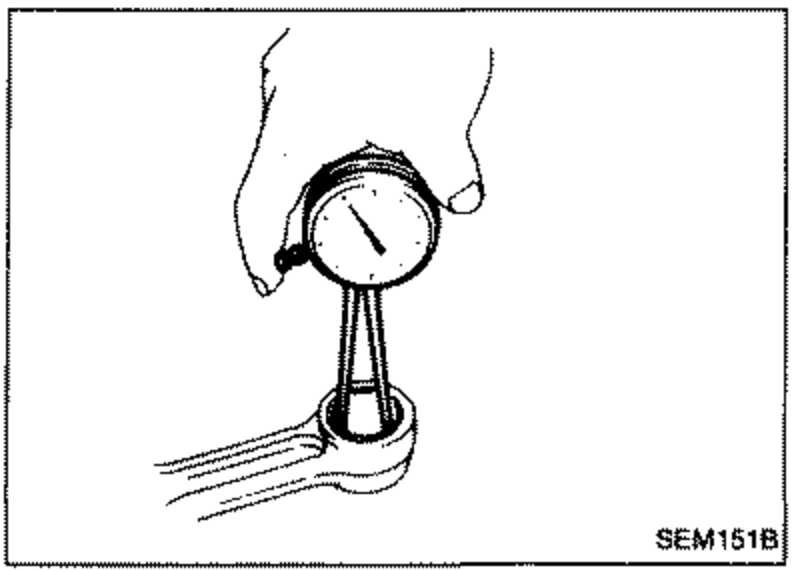 Illustration of measuring the inner diameter 'C' of the connecting rod small-end bushing with a bore gauge.