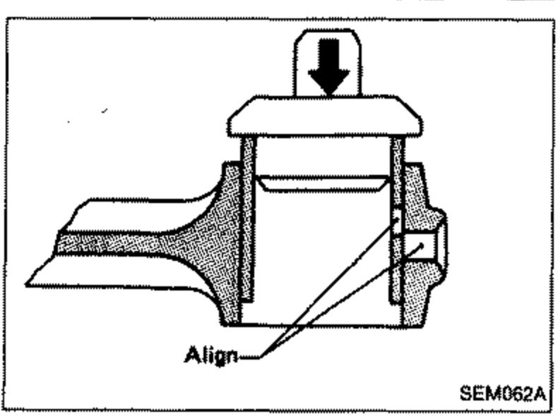 Illustration of driving a small-end bushing into the connecting rod with a press tool until flush, with an arrow indicating press direction. Callout: 'Align' indicating oil hole alignment.
