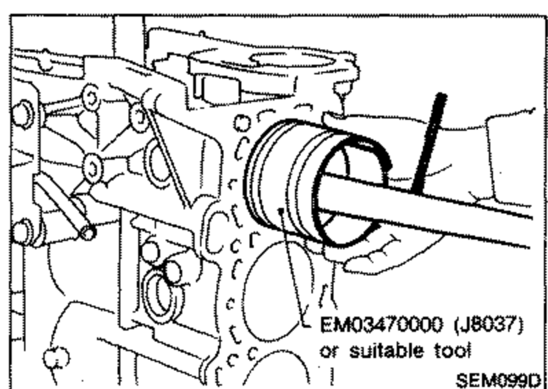 Installing pistons into cylinders using a piston ring compressor tool. Shows the cylinder block with a piston/ring compressor being tapped into a bore. Labeled 'EM03470000 (J8037) or suitable tool'.