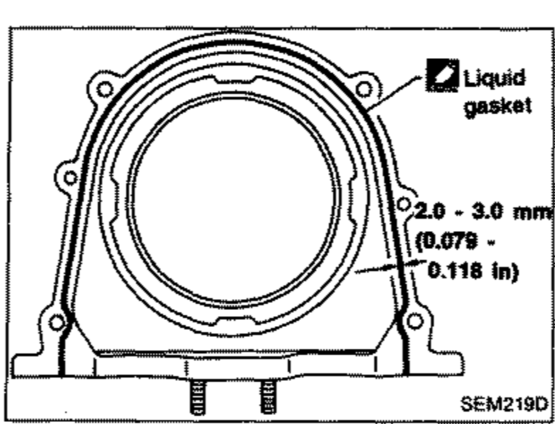 Rear oil seal retainer with a continuous bead of liquid gasket applied to the mating surface. Labeled 'Liquid gasket' with the bead width spec '2.0 - 3.0 mm (0.079 - 0.118 in)'.