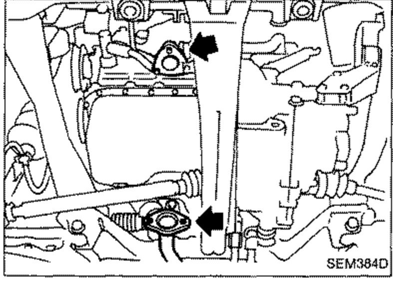 Underside engine view showing front exhaust tube and engine gusset locations. Two solid arrows point to fasteners/locations to be removed.