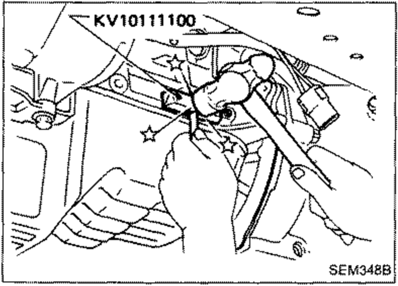 Seal cutter tool (KV10111100) being inserted between the cylinder block and oil pan. Star symbols mark insertion points.