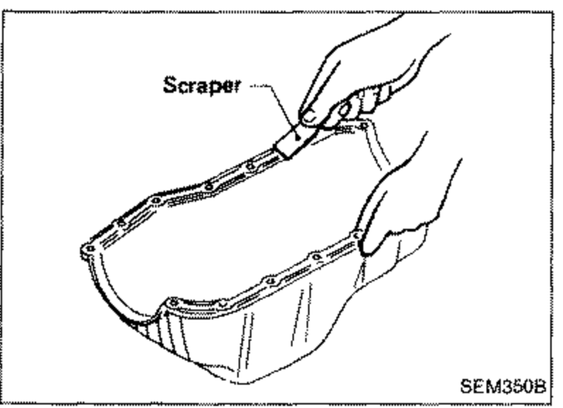 A scraper being used to remove traces of liquid gasket from the oil pan mating surface. Labeled 'Scraper'.
