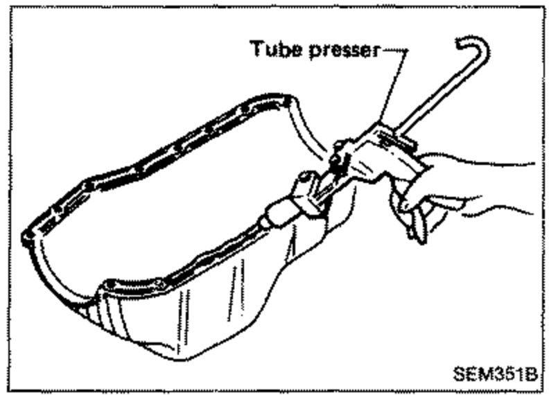 Applying a continuous bead of liquid gasket to the oil pan mating surface using a tube presser. Labeled 'Tube presser'.
