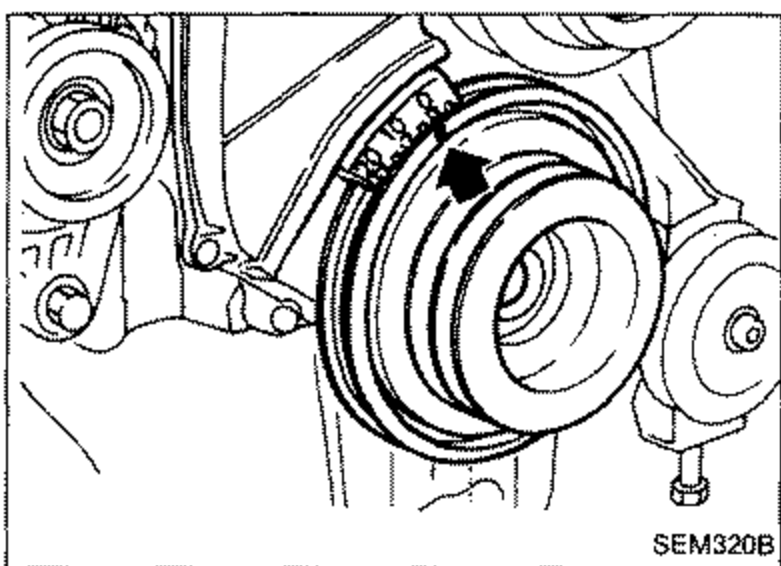 Crankshaft pulley area showing setting No. 1 cylinder at top dead center (T.D.C.) on its compression stroke by aligning timing marks.