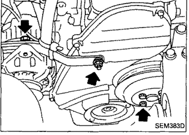 Front of engine showing alternator adjusting bar, water pump pulley and crankshaft pulley to be removed. Solid arrows point to the fasteners/parts.
