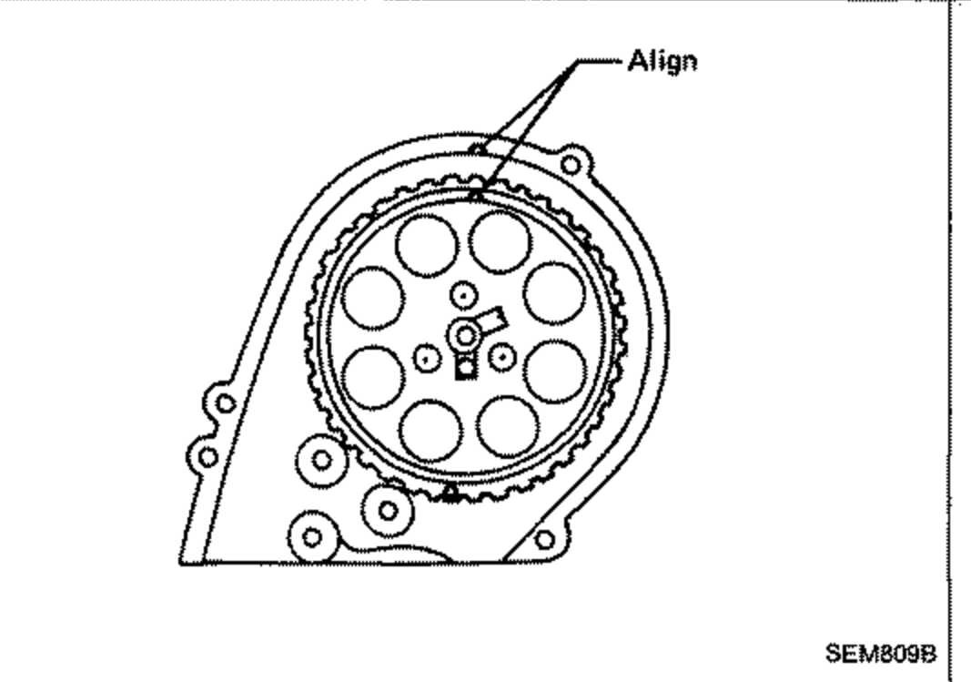 Camshaft sprocket adjusting mark, Sinter-type. Front view of the sprocket and front cover with an 'Align' arrow pointing to the alignment mark.